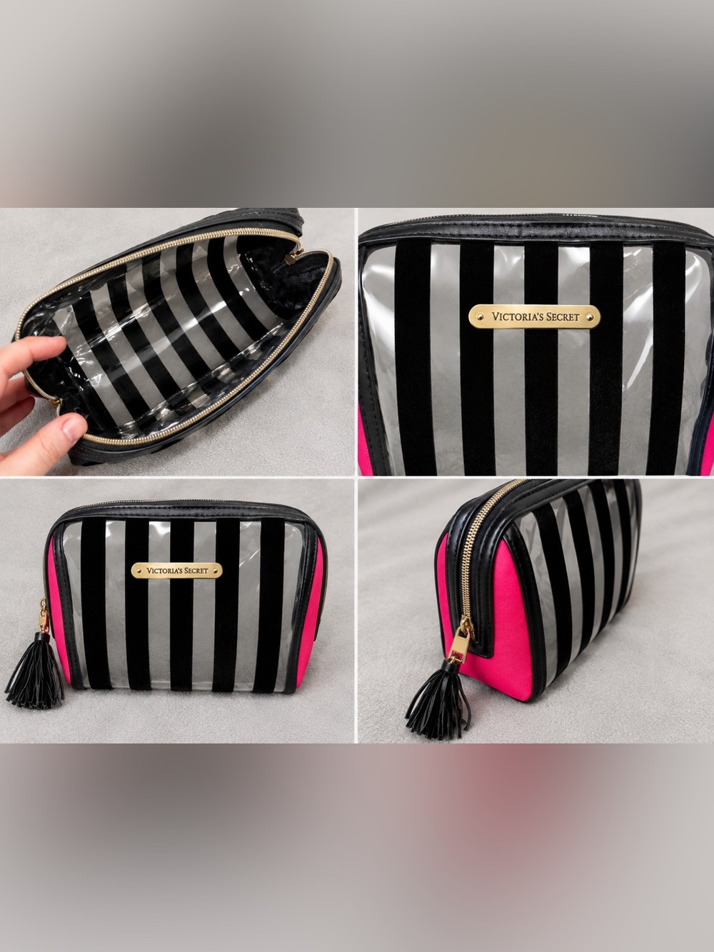 Victoria's Secret Black & Pink Striped Clear Cosmetic Case with Tassel
